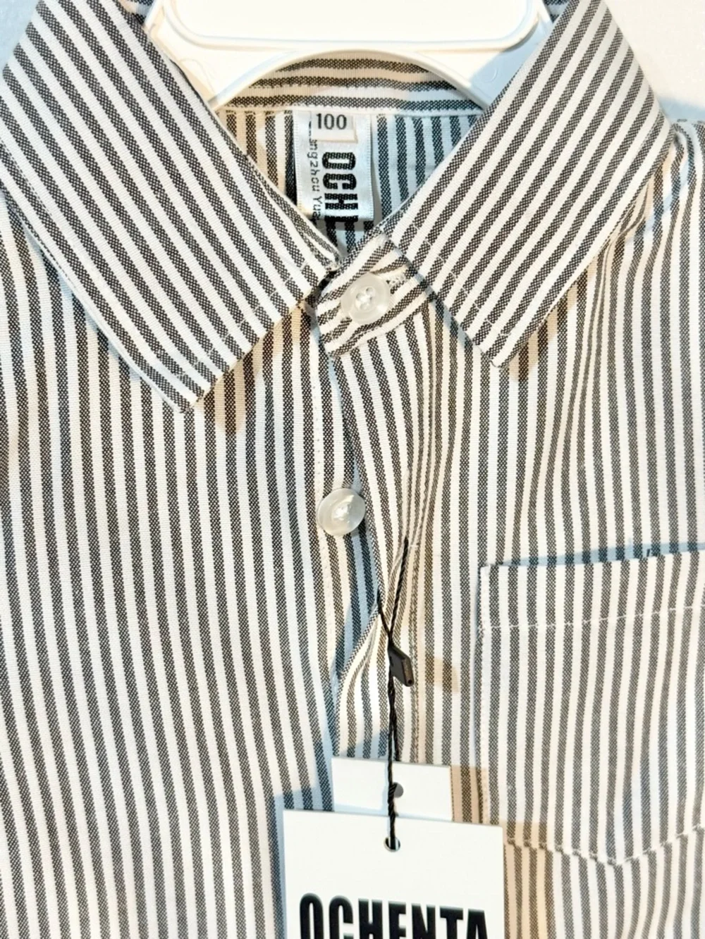 Ochenta Kids' Short-Sleeve Button-Down Shirt in White and Navy Stripe - Picture 2 of 5